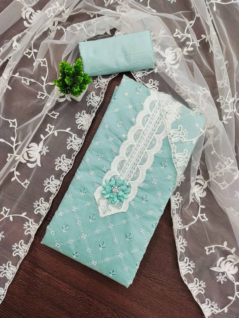 Sky-blue printed silk blend semi stitched churidar dress-materials