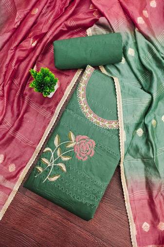 Green embroidered cotton semi stitched churidar dress-materials