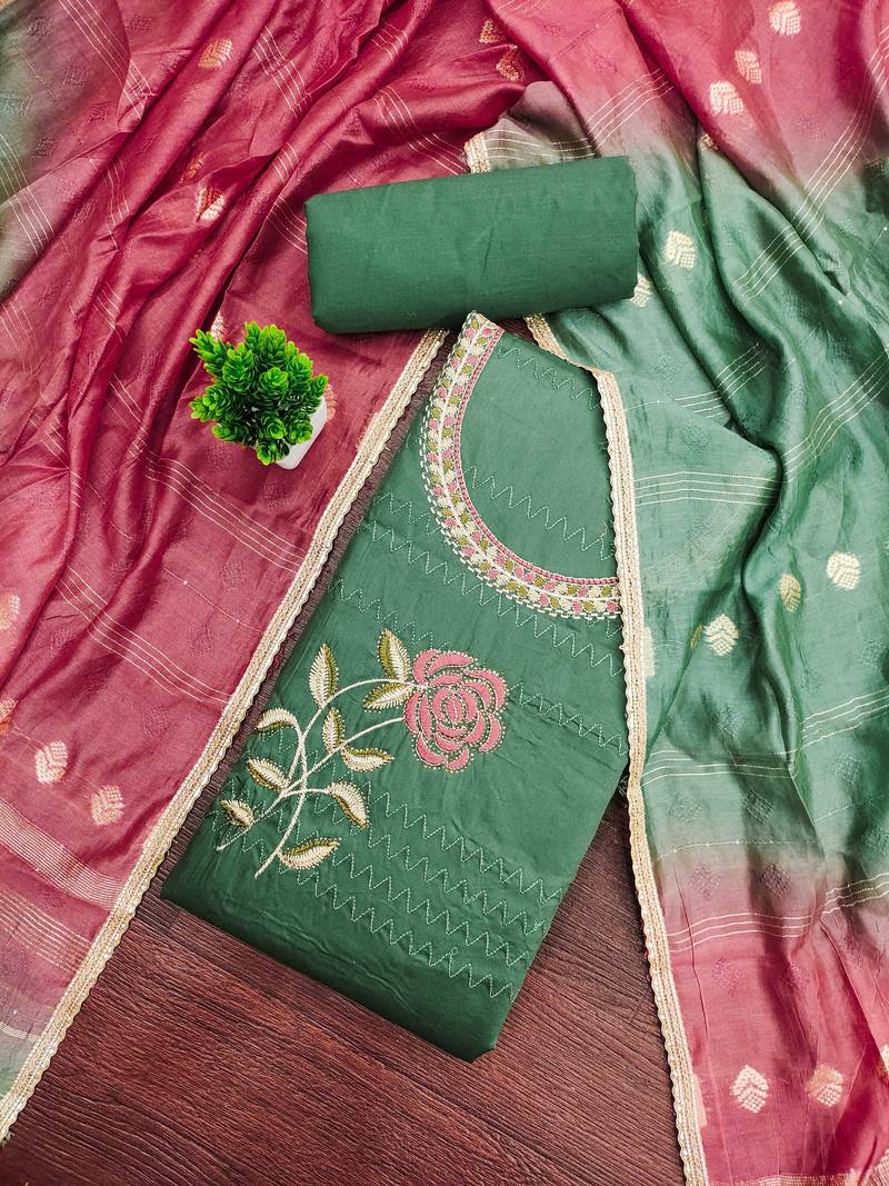 Green embroidered cotton semi stitched churidar dress-materials