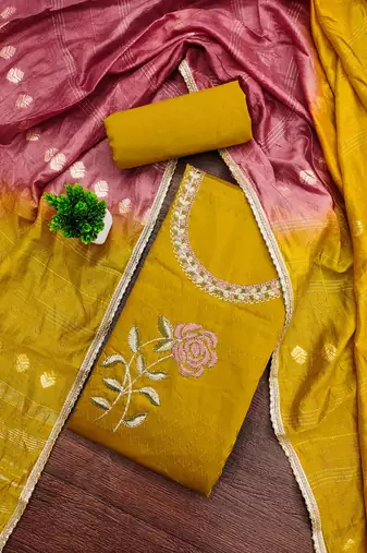 Mustard embroidered cotton semi stitched churidar dress-materials