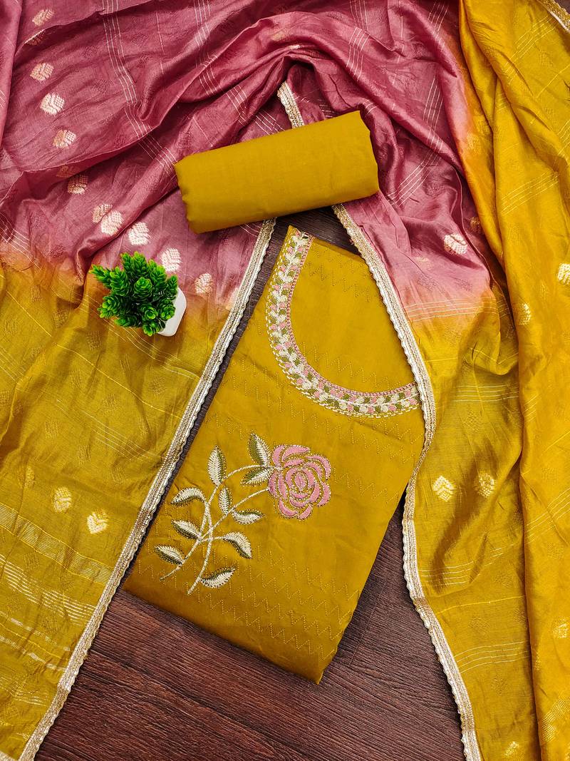 Mustard embroidered cotton semi stitched churidar dress-materials
