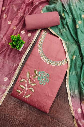 Orange embroidered cotton semi stitched churidar dress-materials