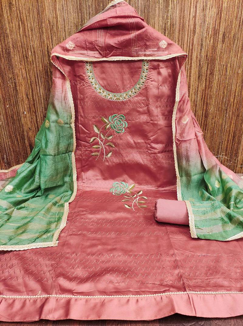 Orange embroidered cotton semi stitched churidar dress-materials