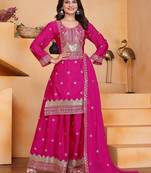 Pink chinon silk party wear embroidery work suit set