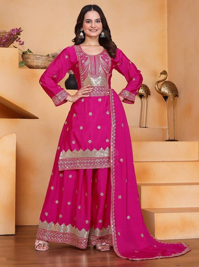Pink chinon silk party wear embroidery work suit set