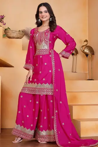 Pink chinon silk party wear embroidery work suit set