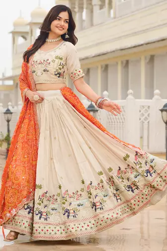 majestic off white sequnis silk lehenga set choli with dupatta with orange dupatta