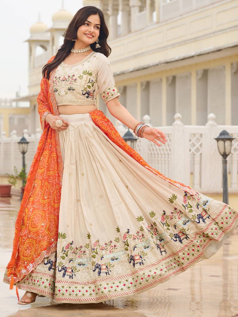majestic off white sequnis silk lehenga set choli with dupatta with orange dupatta