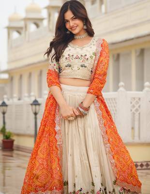 majestic off white sequnis silk lehenga set choli with dupatta with orange dupatta 2