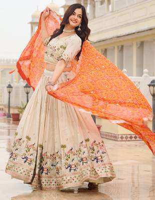majestic off white sequnis silk lehenga set choli with dupatta with orange dupatta 3
