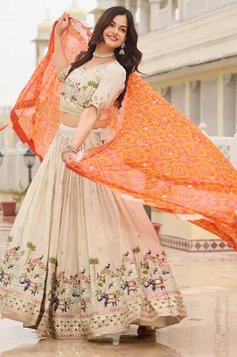 majestic off white sequnis silk lehenga set choli with dupatta with orange dupatta