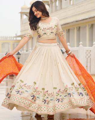 majestic off white sequnis silk lehenga set choli with dupatta with orange dupatta 4