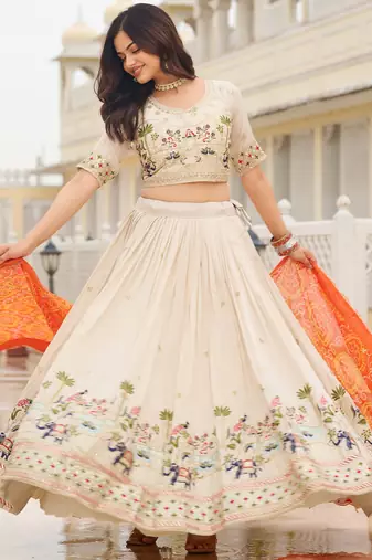 majestic off white sequnis silk lehenga set choli with dupatta with orange dupatta