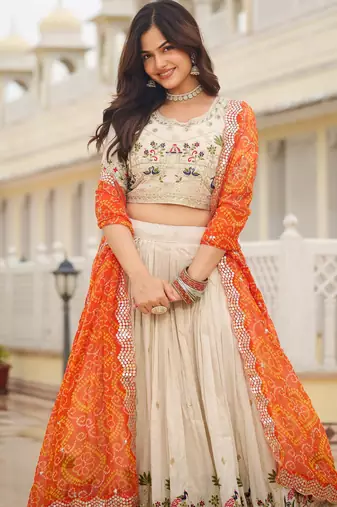 majestic off white sequnis silk lehenga set choli with dupatta with orange dupatta
