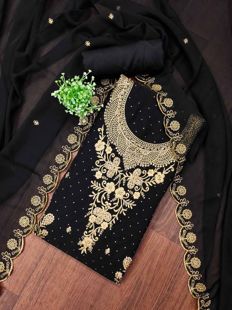 Black embroidered georgette semi stitched churidar dress-materials