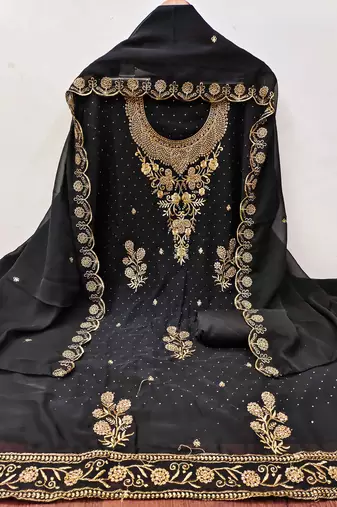 Black embroidered georgette churidar dress-materials