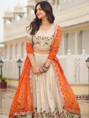 majestic off white sequnis silk lehenga set choli with dupatta with orange dupatta 6