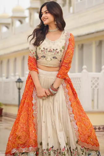 majestic off white sequnis silk lehenga set choli with dupatta with orange dupatta