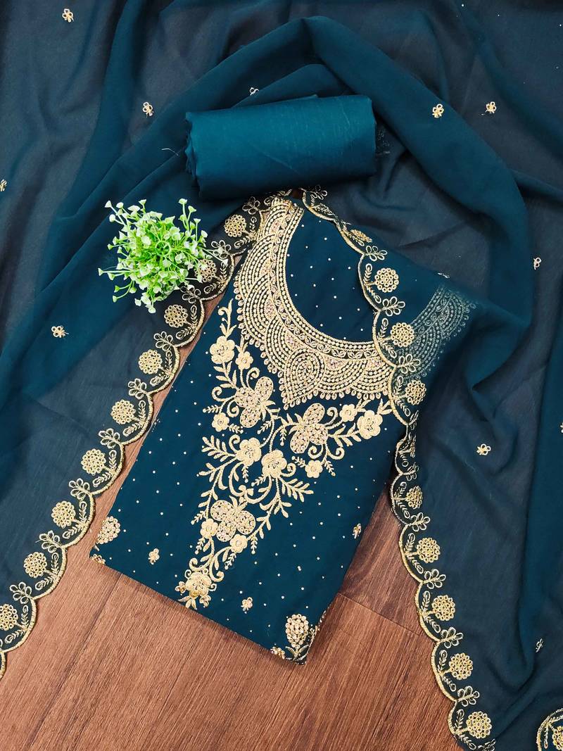 Blue embroidered georgette semi stitched churidar dress-materials