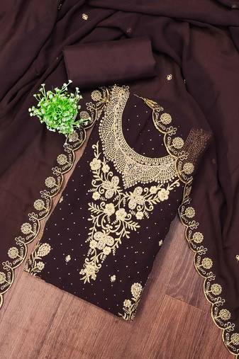 Brown embroidered georgette semi stitched churidar dress-materials