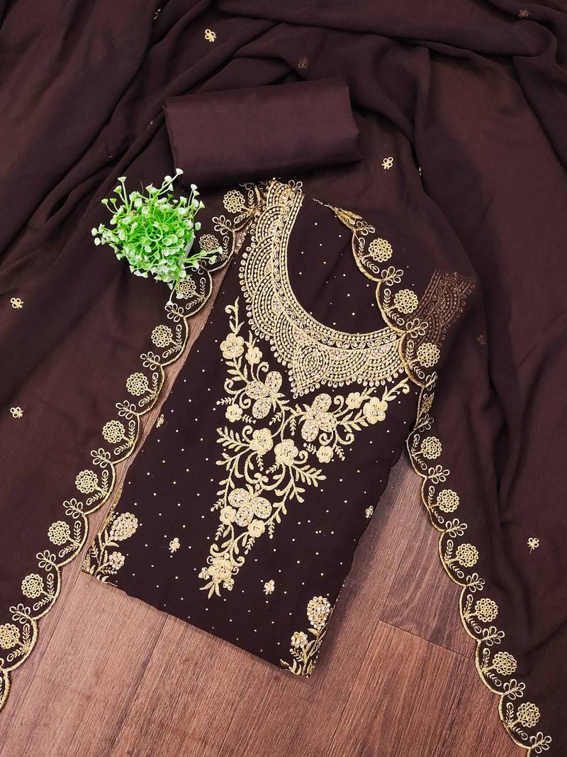 Brown embroidered georgette semi stitched churidar dress-materials