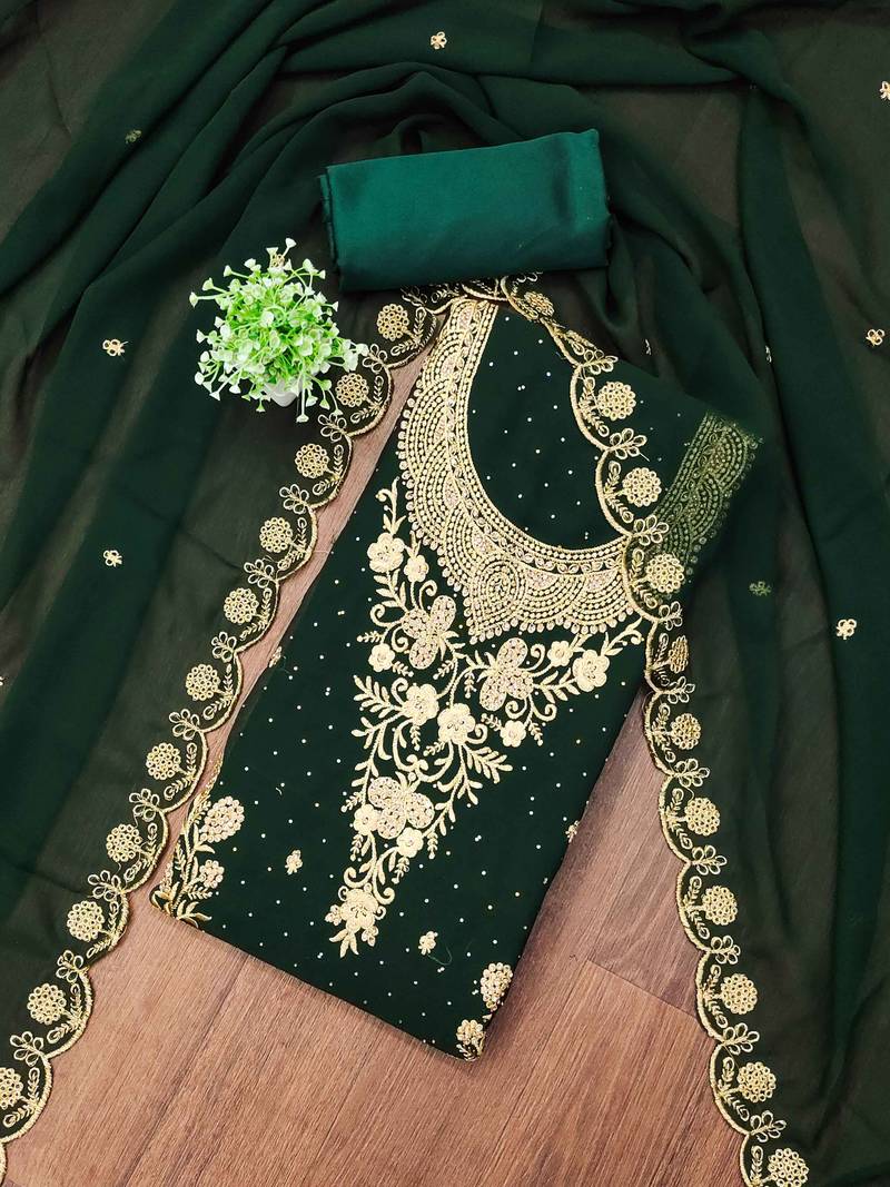 Green embroidered georgette semi stitched churidar dress-materials
