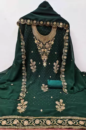 Green embroidered georgette churidar dress-materials