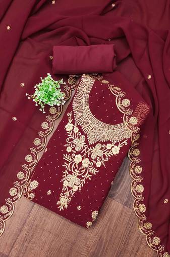 Maroon embroidered georgette semi stitched churidar dress-materials