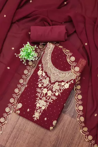 Maroon embroidered georgette semi stitched churidar dress-materials