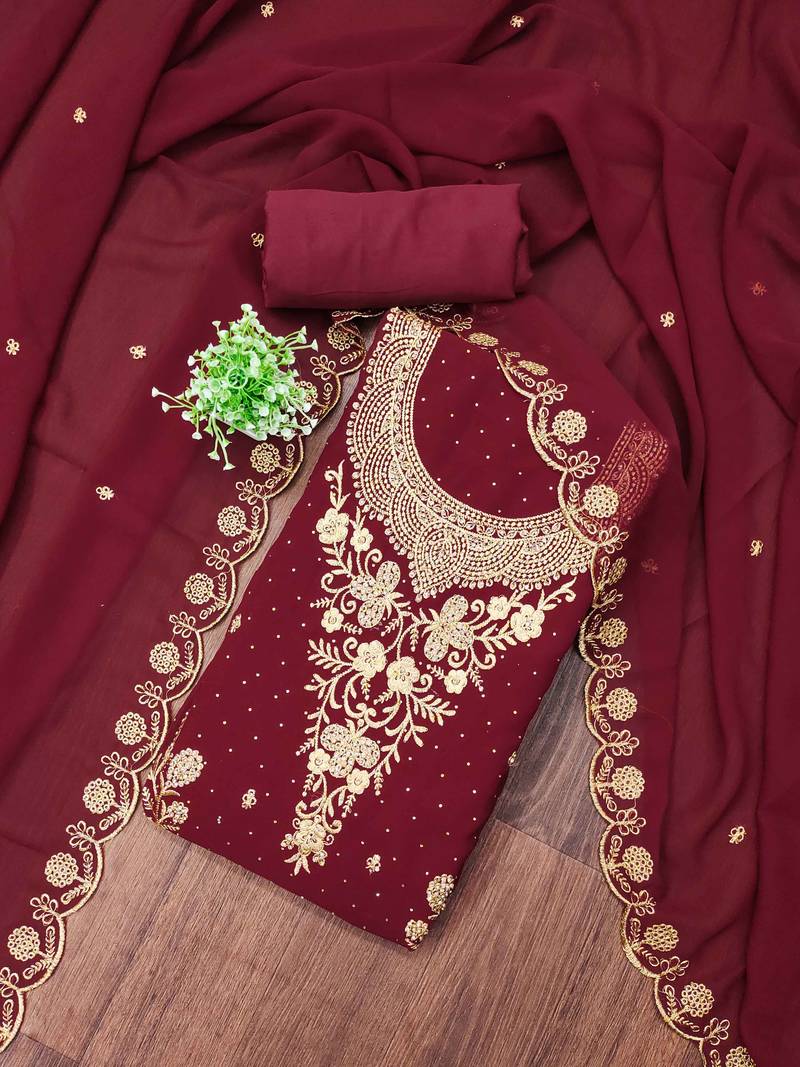 Maroon embroidered georgette semi stitched churidar dress-materials