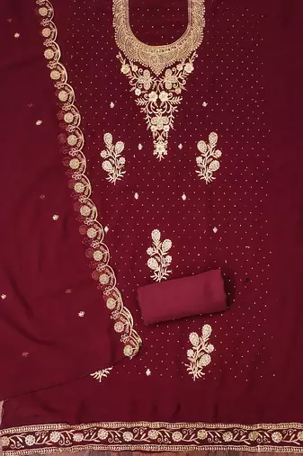 Maroon embroidered georgette churidar dress-materials