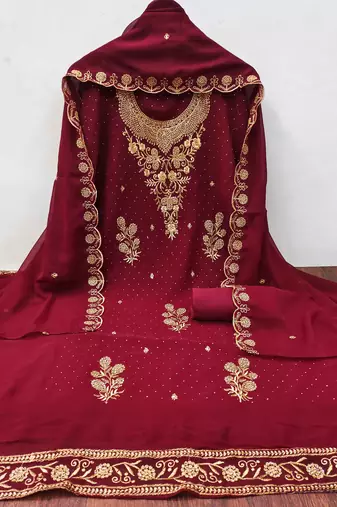 Maroon embroidered georgette churidar dress-materials