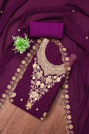 Purple embroidered georgette semi stitched churidar dress-materials