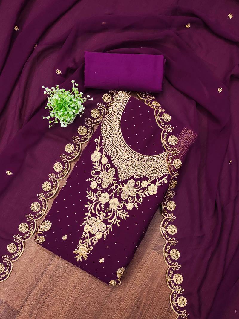 Purple embroidered georgette semi stitched churidar dress-materials