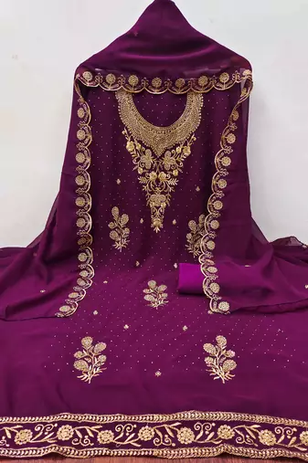 Purple embroidered georgette churidar dress-materials