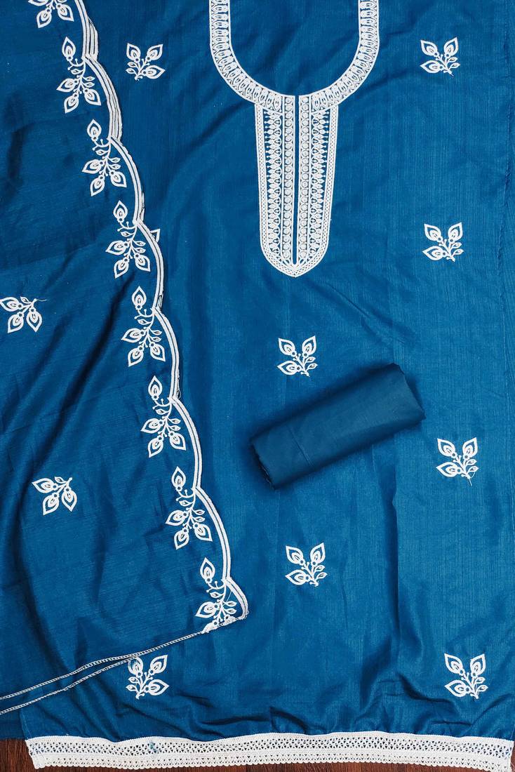 Blue embroidered cotton semi stitched churidar dress-materials