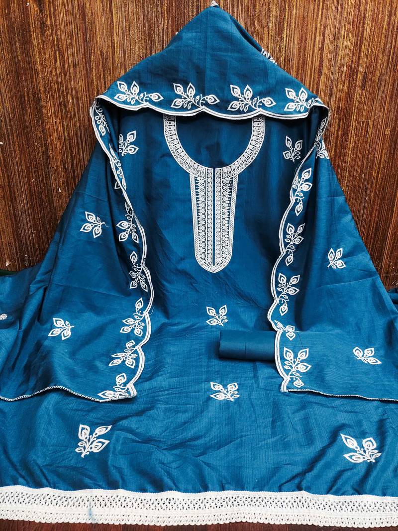 Blue embroidered cotton semi stitched churidar dress-materials