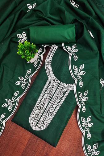 Green embroidered cotton semi stitched churidar dress-materials