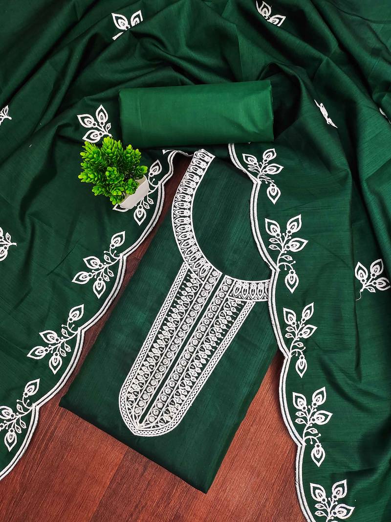 Green embroidered cotton semi stitched churidar dress-materials
