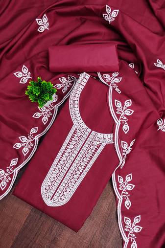 Maroon embroidered cotton semi stitched churidar dress-materials