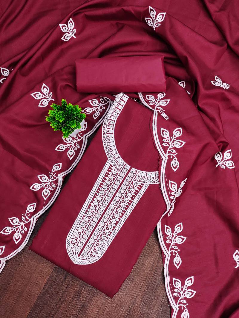 Maroon embroidered cotton semi stitched churidar dress-materials