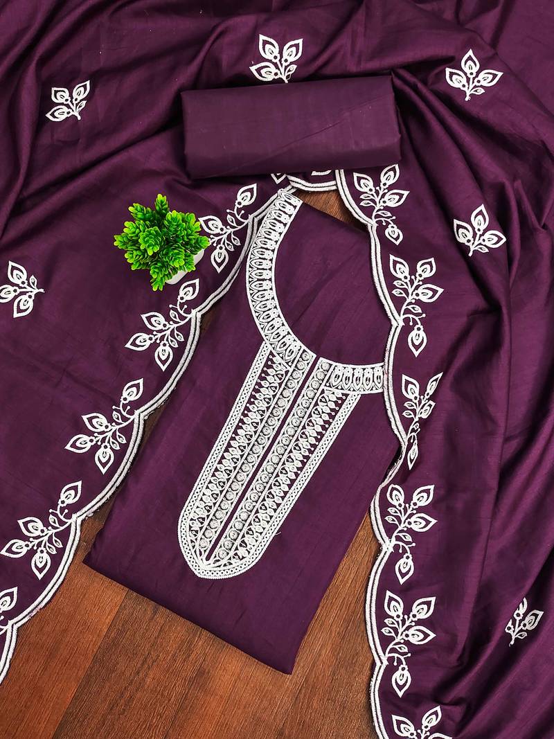 Purple embroidered cotton semi stitched churidar dress-materials