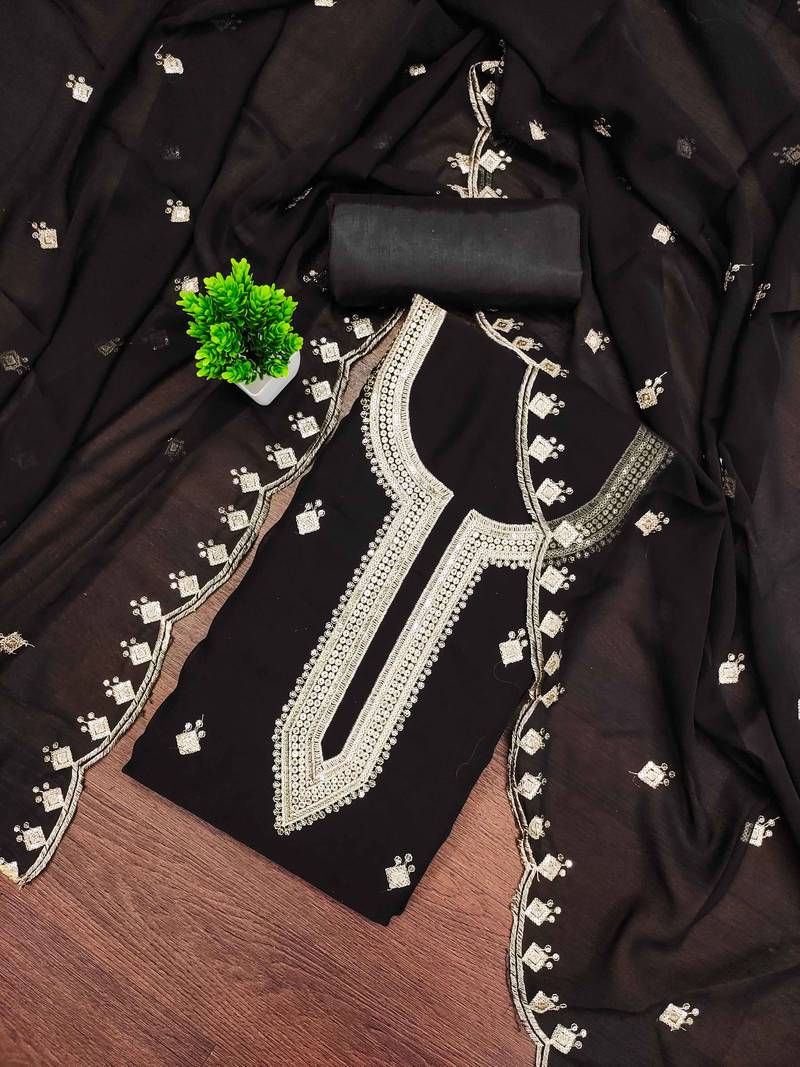 Black sequins georgette semi stitched churidar dress-materials