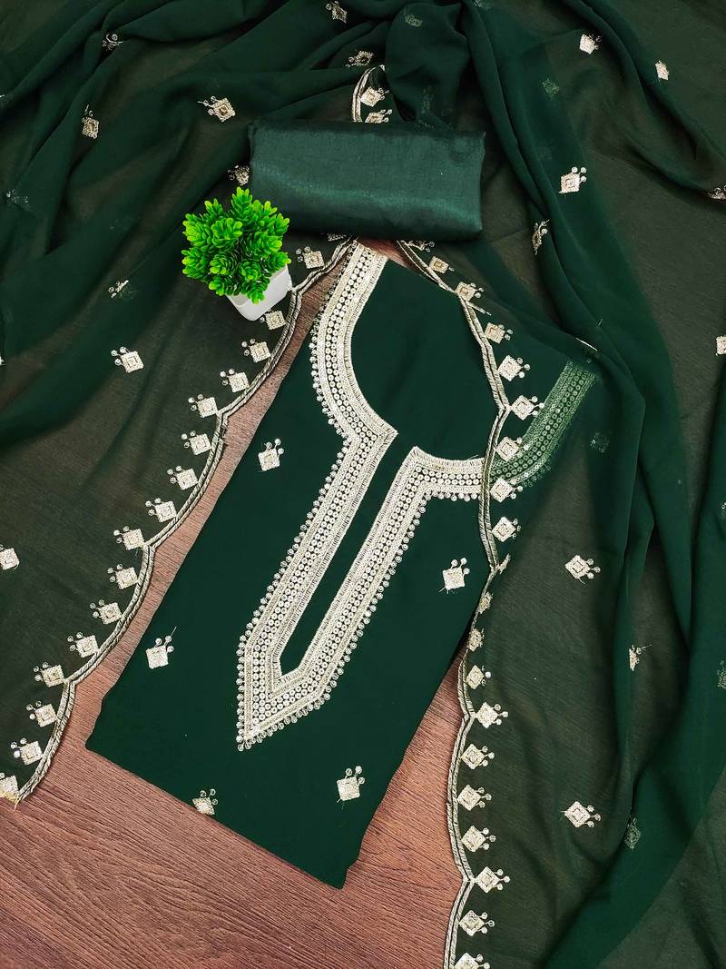 Green sequins georgette semi stitched churidar dress-materials