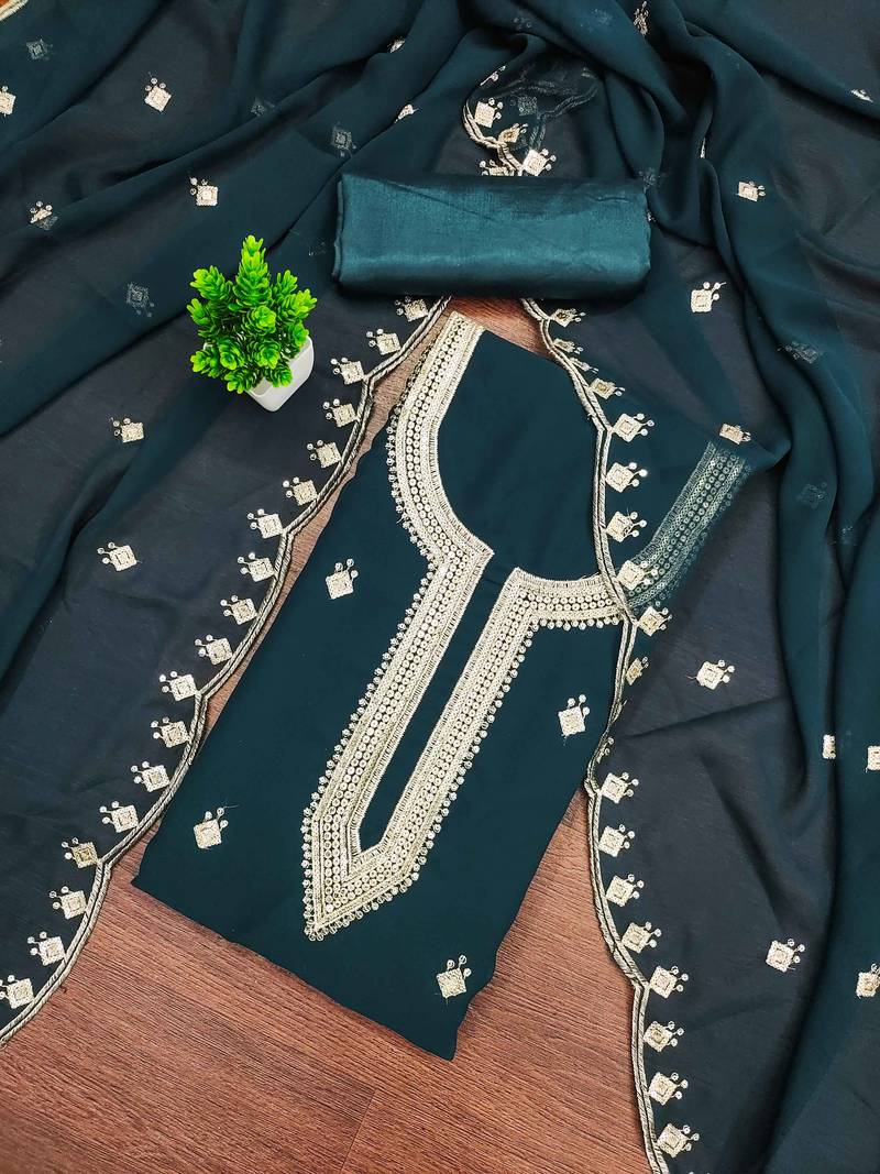 Sea-green sequins georgette semi stitched churidar dress-materials