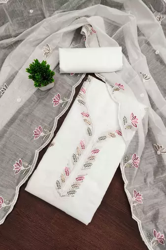 White sequins cotton semi stitched churidar dress-materials