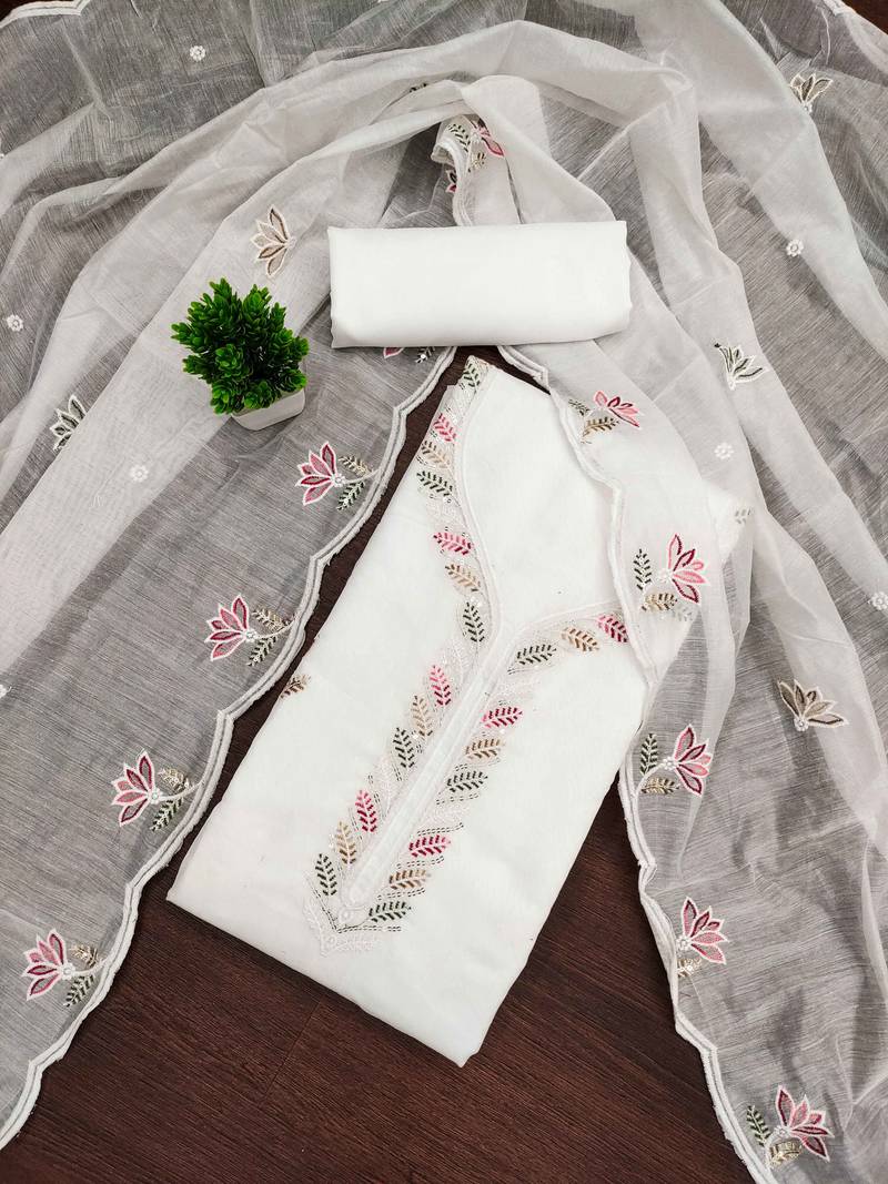 White sequins cotton semi stitched churidar dress-materials