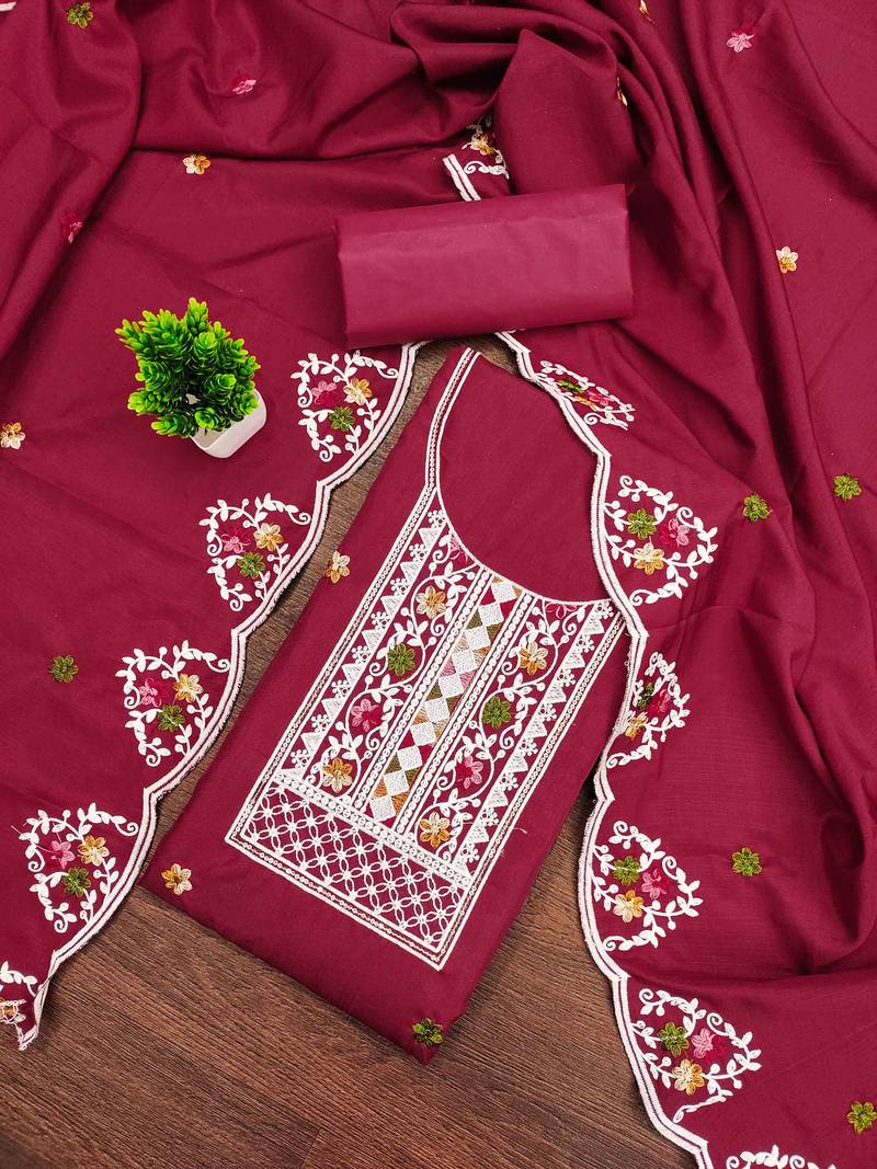 Maroon sequins cotton semi stitched churidar dress-materials