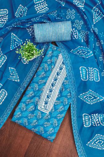 Blue printed cotton semi stitched churidar dress-materials