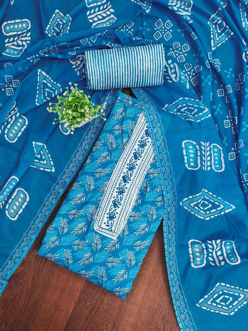 Blue printed cotton semi stitched churidar dress-materials